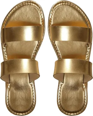 GORGLITTER Women's Metallic Flat Sandals Open Toe Double Strap Slide Sandals