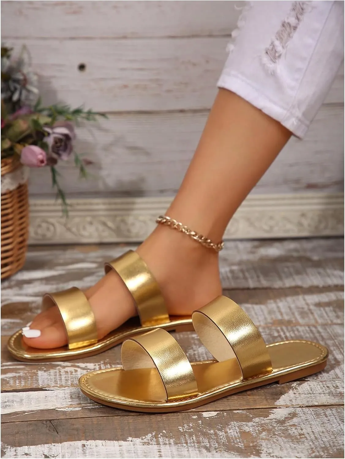 GORGLITTER Women's Metallic Flat Sandals Open Toe Double Strap Slide Sandals