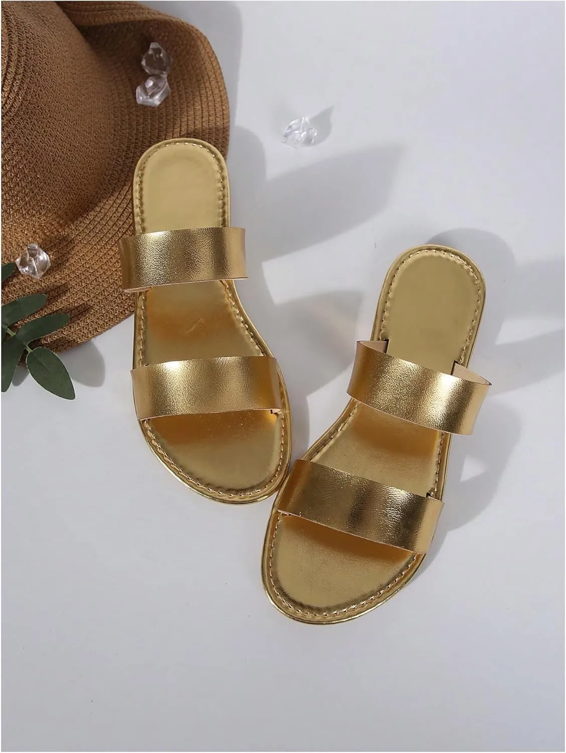 GORGLITTER Women's Metallic Flat Sandals Open Toe Double Strap Slide Sandals