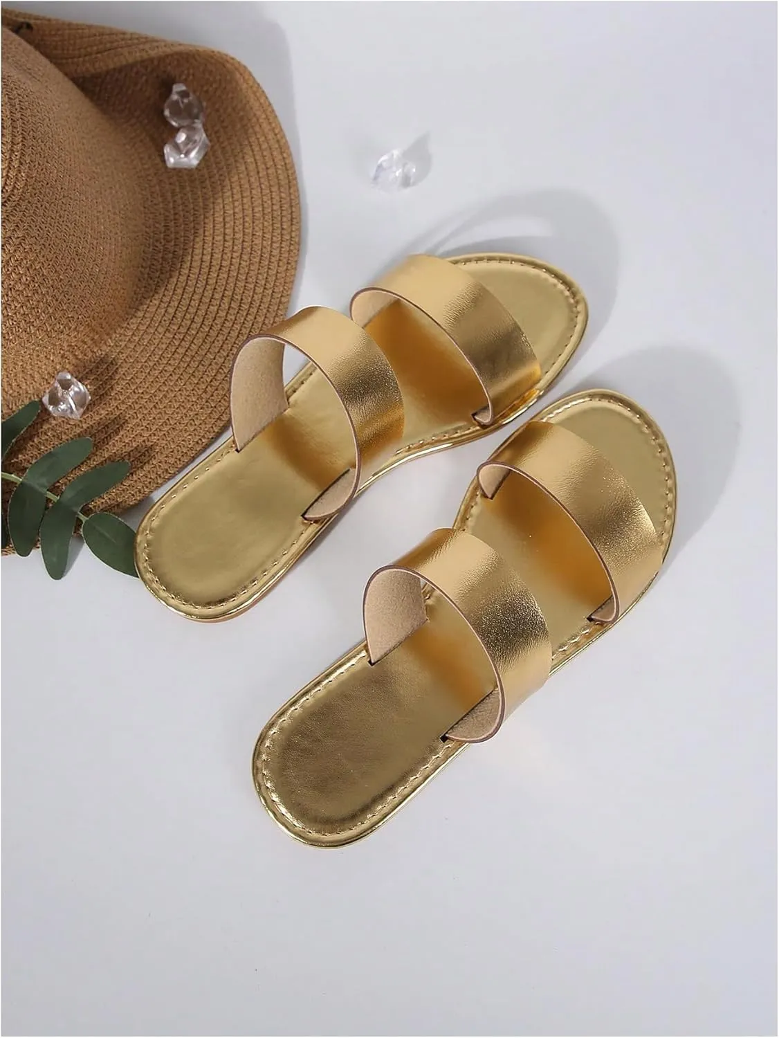 GORGLITTER Women's Metallic Flat Sandals Open Toe Double Strap Slide Sandals