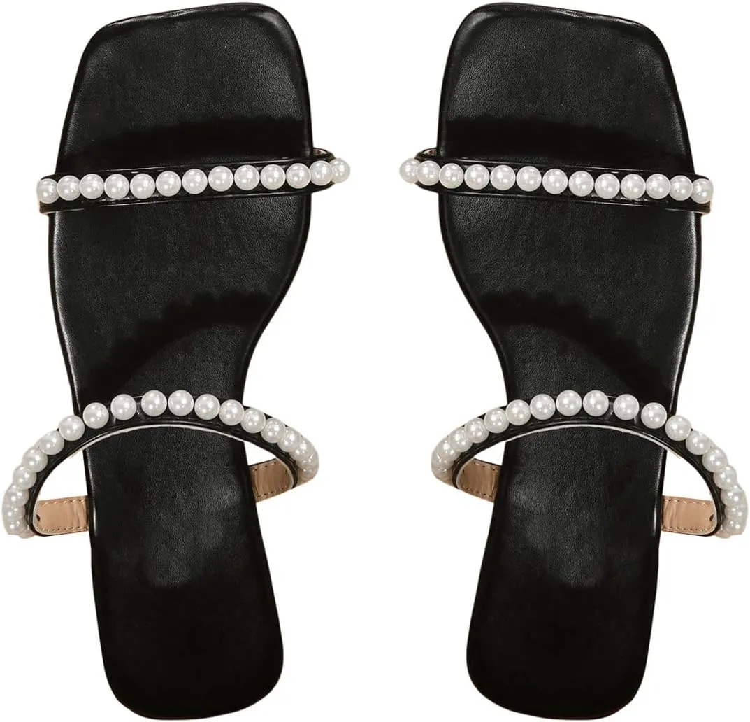GORGLITTER Women's Pearl Strappy Flat Sandals Slip On Open Toe Wedding Slide Sandals with Pearls