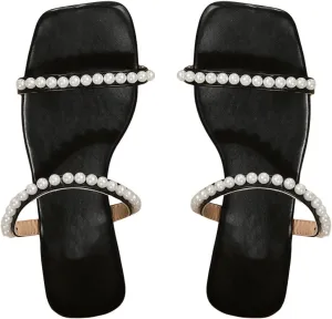GORGLITTER Women's Pearl Strappy Flat Sandals Slip On Open Toe Wedding Slide Sandals with Pearls