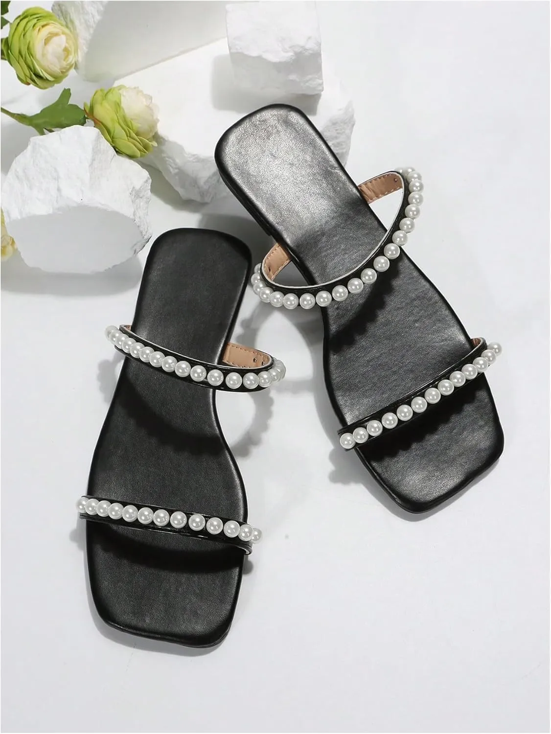 GORGLITTER Women's Pearl Strappy Flat Sandals Slip On Open Toe Wedding Slide Sandals with Pearls