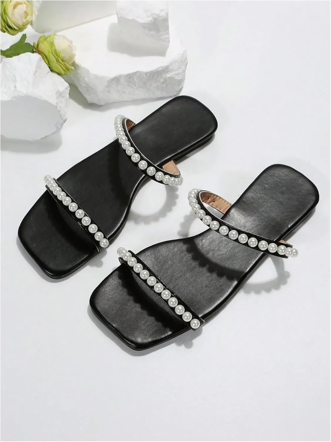 GORGLITTER Women's Pearl Strappy Flat Sandals Slip On Open Toe Wedding Slide Sandals with Pearls