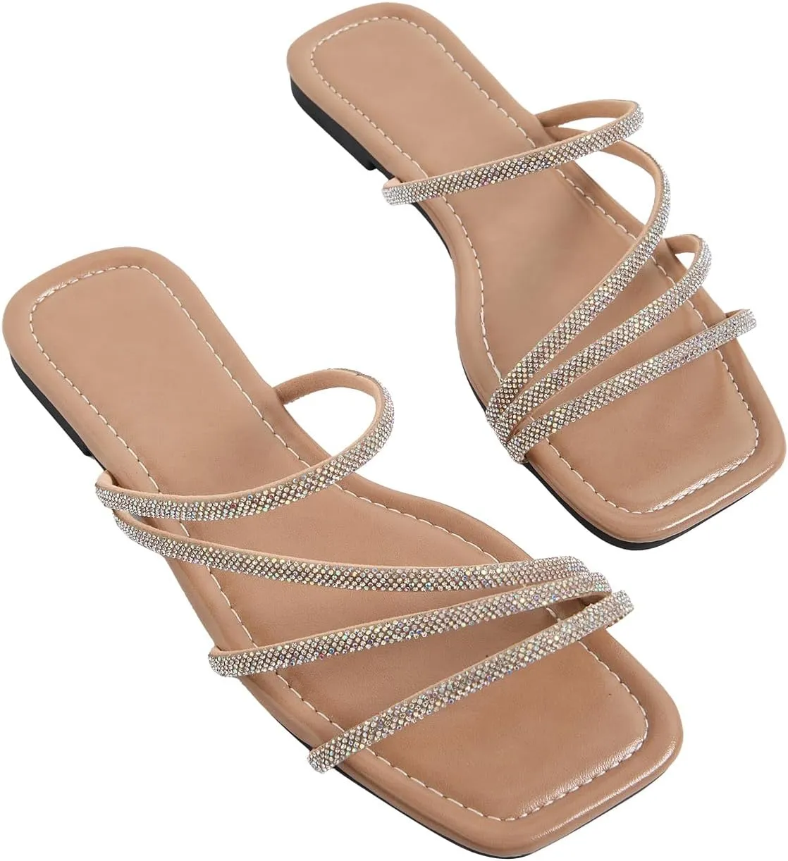 GORGLITTER Women's Rhinestone Flat Sandals Strappy Slip on Open Toe Slide Sandals