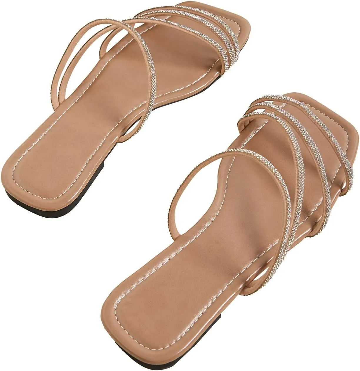 GORGLITTER Women's Rhinestone Flat Sandals Strappy Slip on Open Toe Slide Sandals