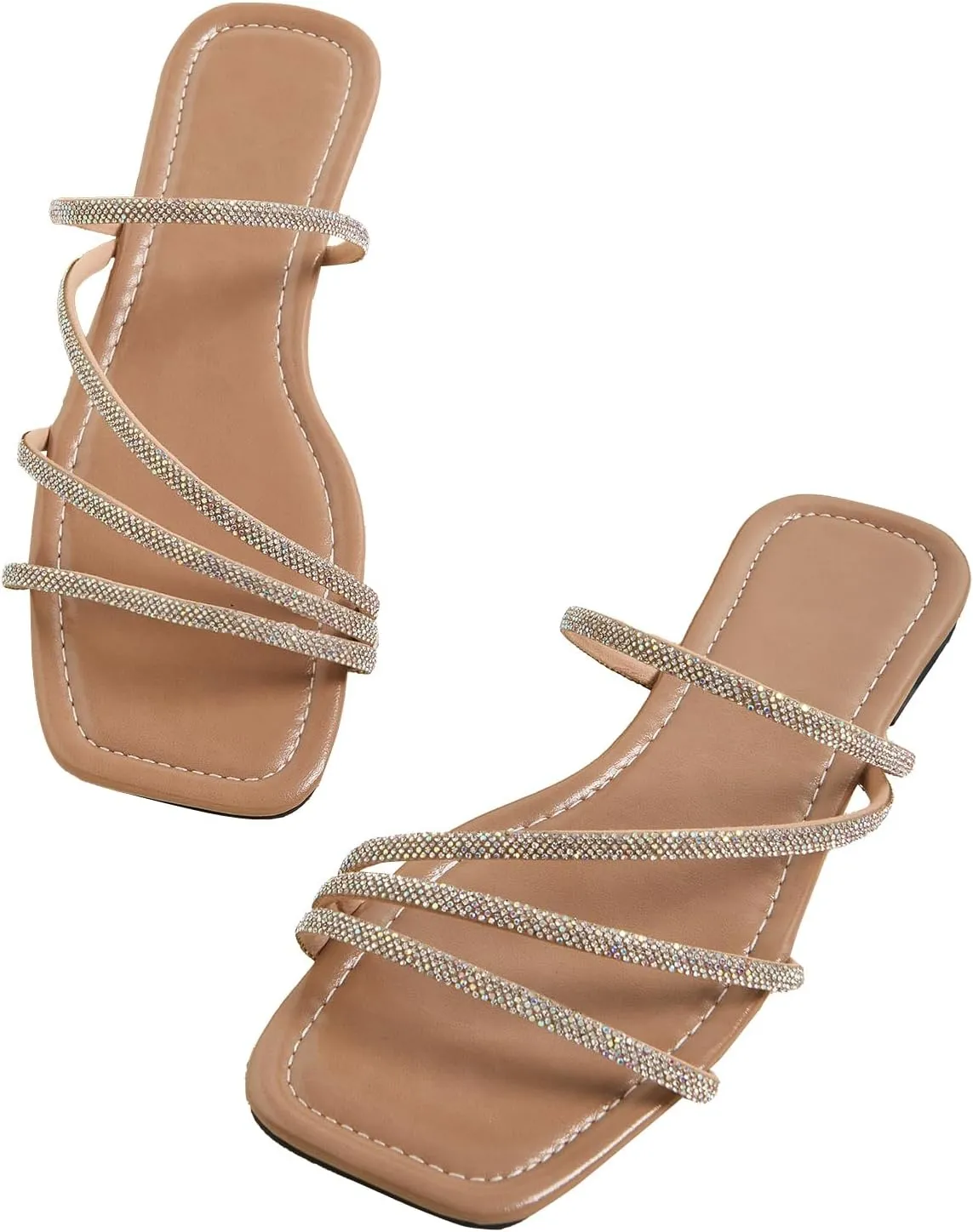GORGLITTER Women's Rhinestone Flat Sandals Strappy Slip on Open Toe Slide Sandals