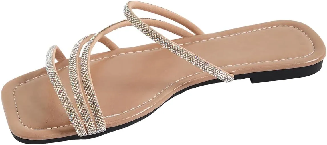 GORGLITTER Women's Rhinestone Flat Sandals Strappy Slip on Open Toe Slide Sandals
