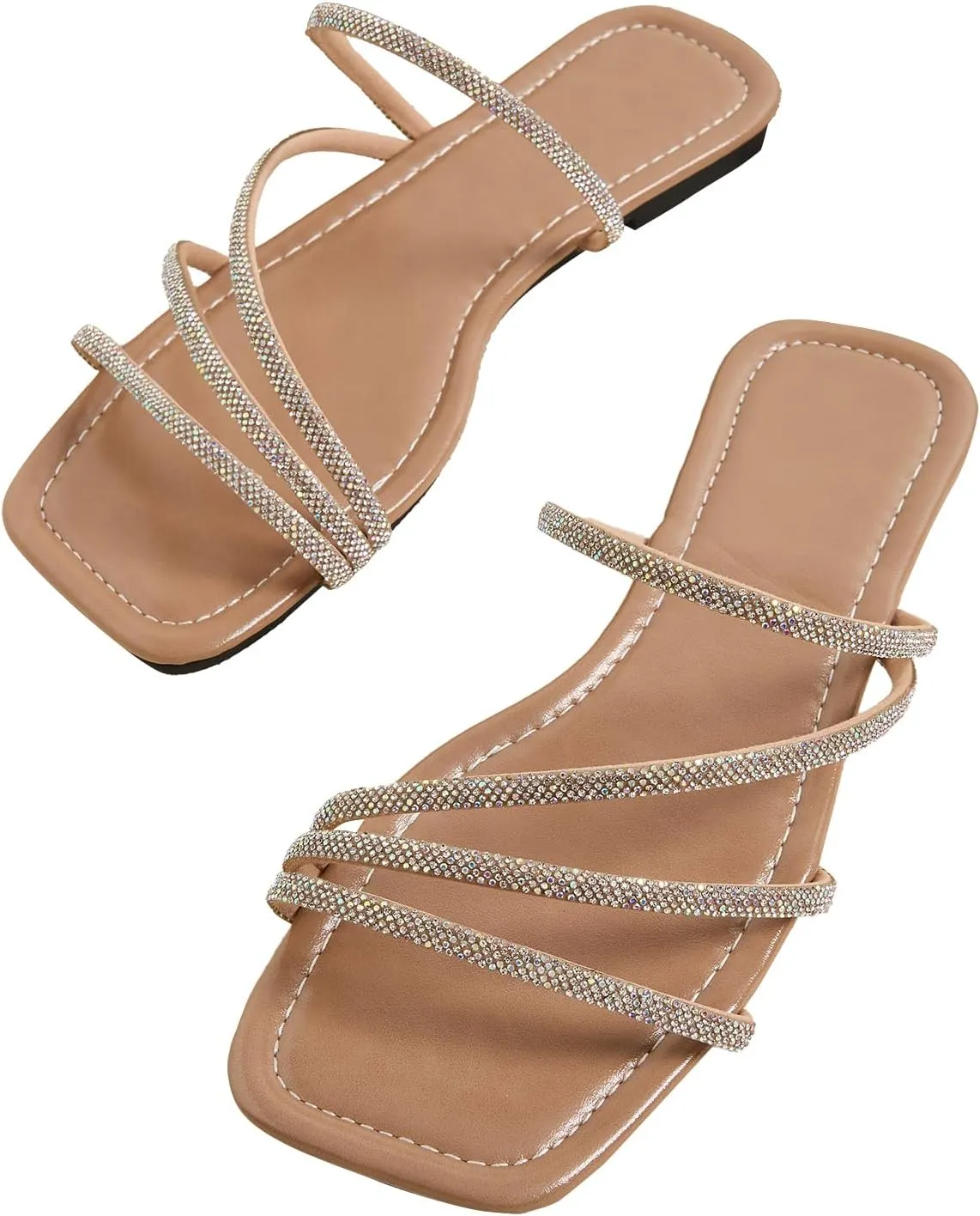 GORGLITTER Women's Rhinestone Flat Sandals Strappy Slip on Open Toe Slide Sandals