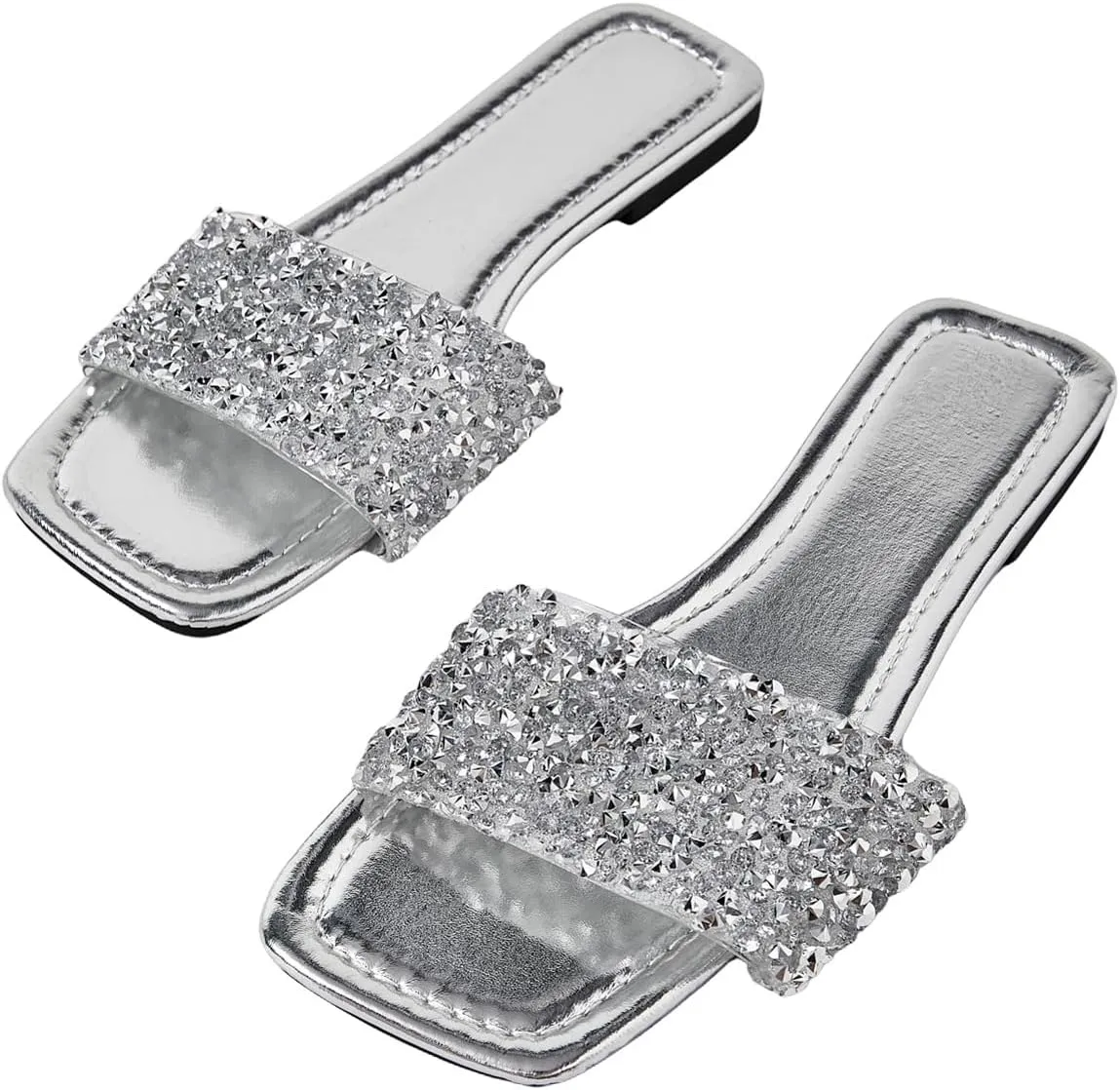 GORGLITTER Women's Sequin Sparkly Flat Sandals Rhinestone Glitter Wedding Open Toe Slide Sandals