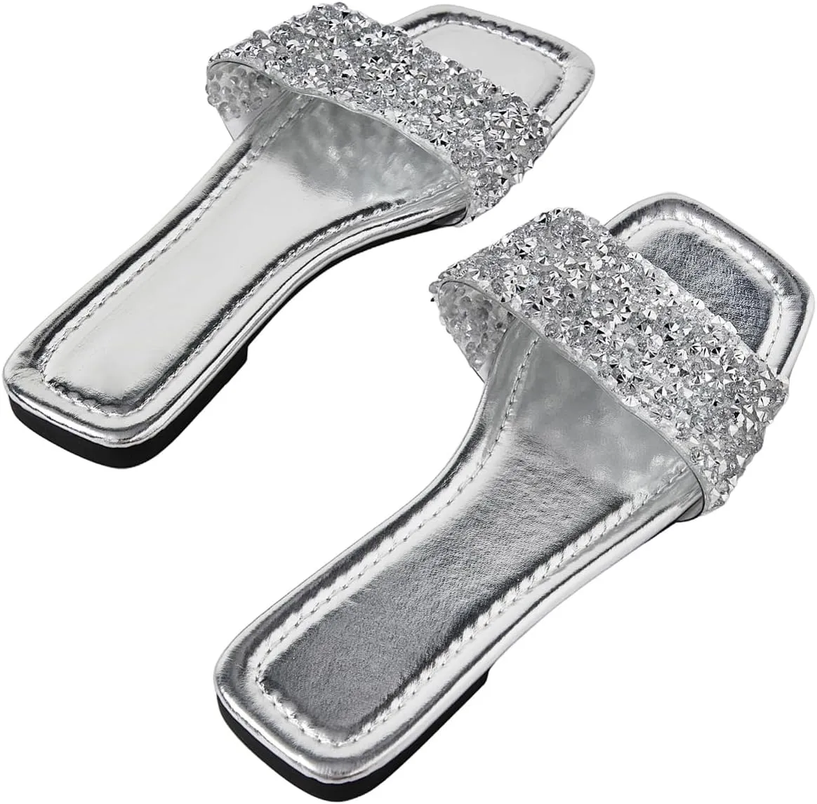 GORGLITTER Women's Sequin Sparkly Flat Sandals Rhinestone Glitter Wedding Open Toe Slide Sandals