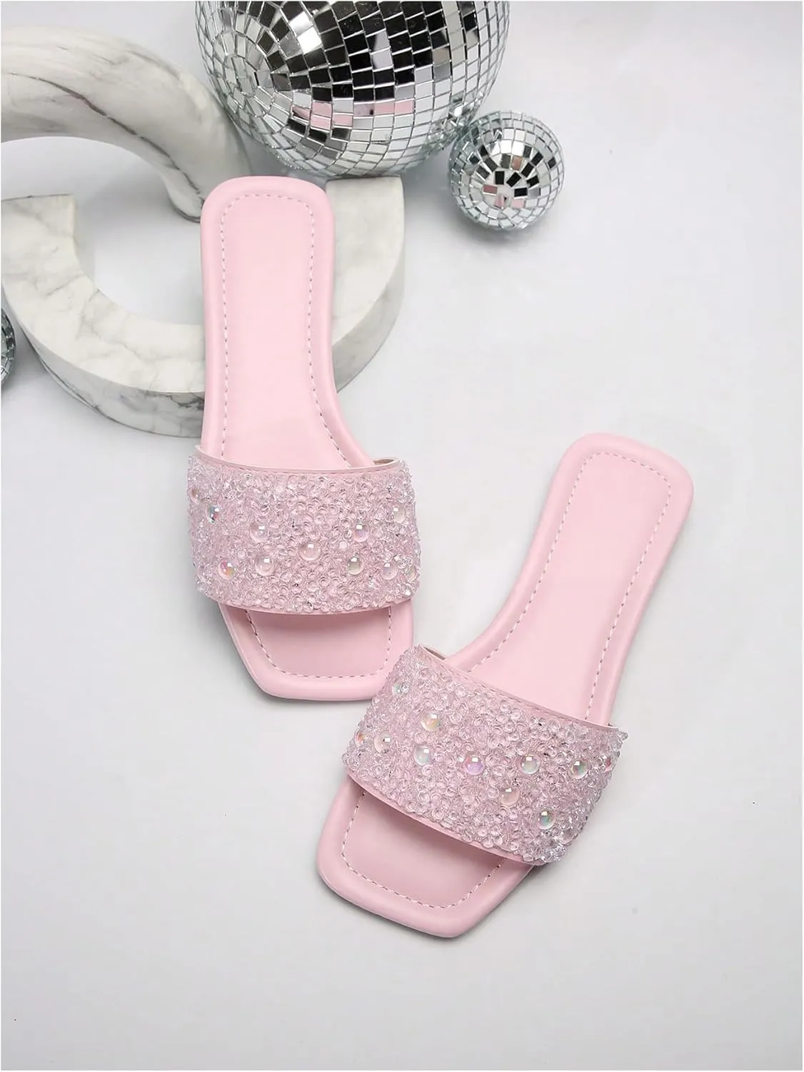GORGLITTER Women's Sparkly Rhinestone Flat Sandals Bling Slip on Open Toe Slide Sandals Summer Squared Slippers