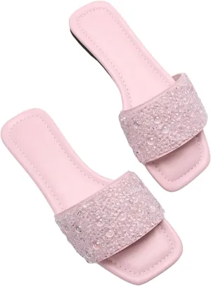 GORGLITTER Women's Sparkly Rhinestone Flat Sandals Bling Slip on Open Toe Slide Sandals Summer Squared Slippers