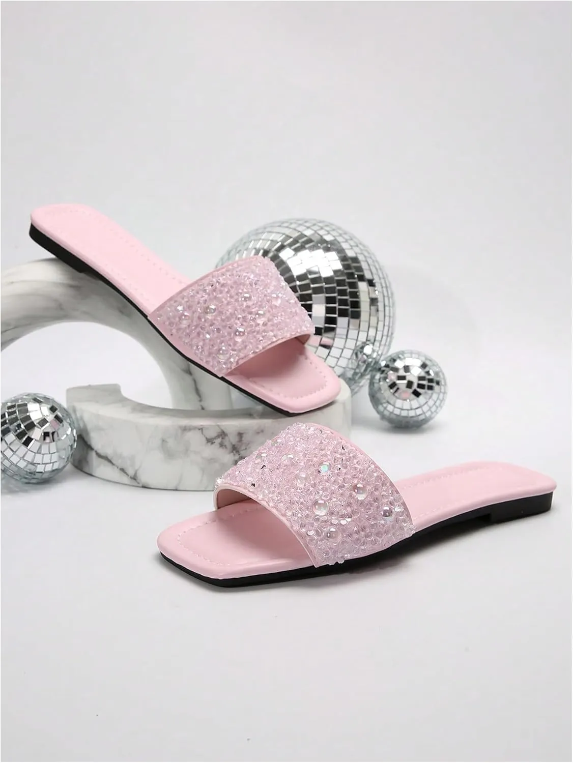 GORGLITTER Women's Sparkly Rhinestone Flat Sandals Bling Slip on Open Toe Slide Sandals Summer Squared Slippers