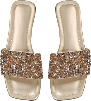 GORGLITTER Women's Sparkly Sequin Flat Sandals Open Square Toe Wide Slide Sandals