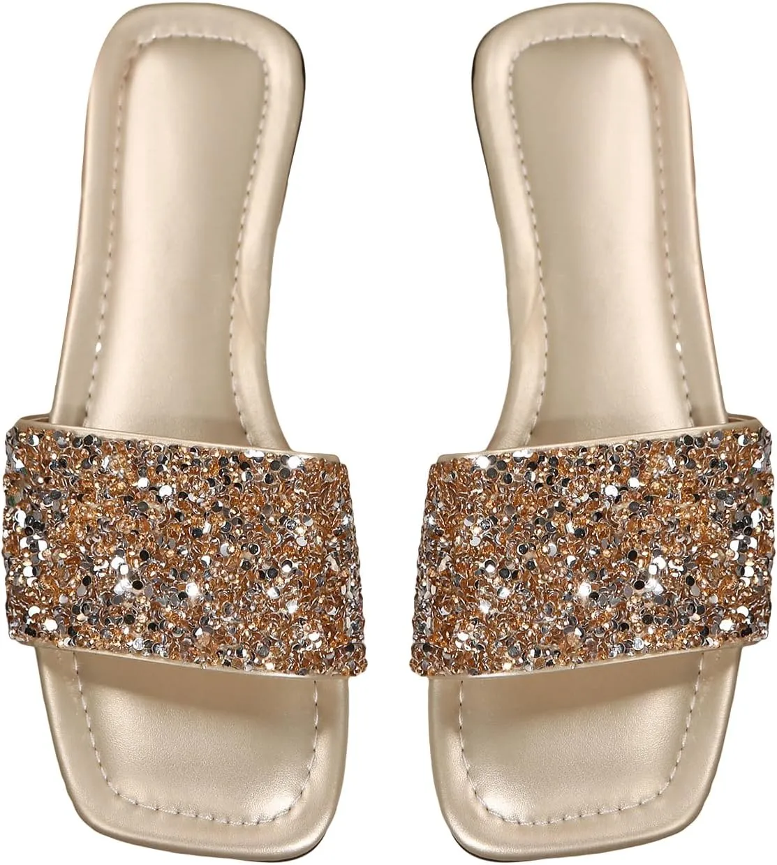 GORGLITTER Women's Sparkly Sequin Flat Sandals Open Square Toe Wide Slide Sandals