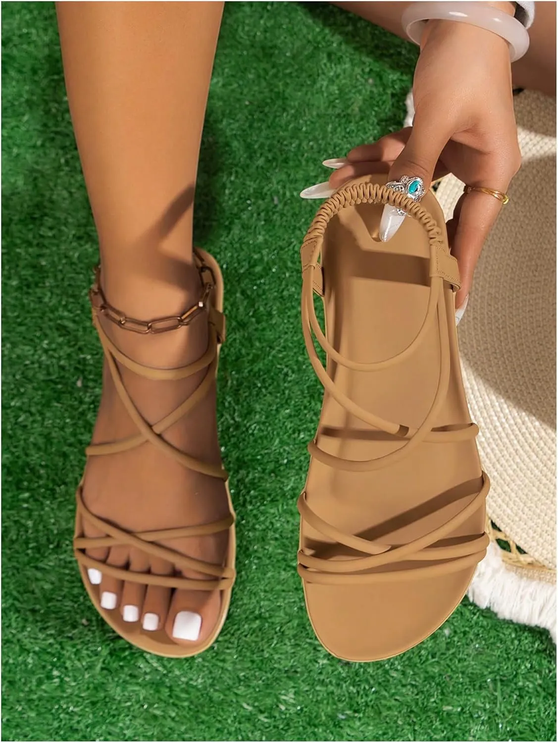 GORGLITTER Women's Strappy Flat Sandals Open Toe Ankle Strap Vacation Summer Dressy Slide Sandals