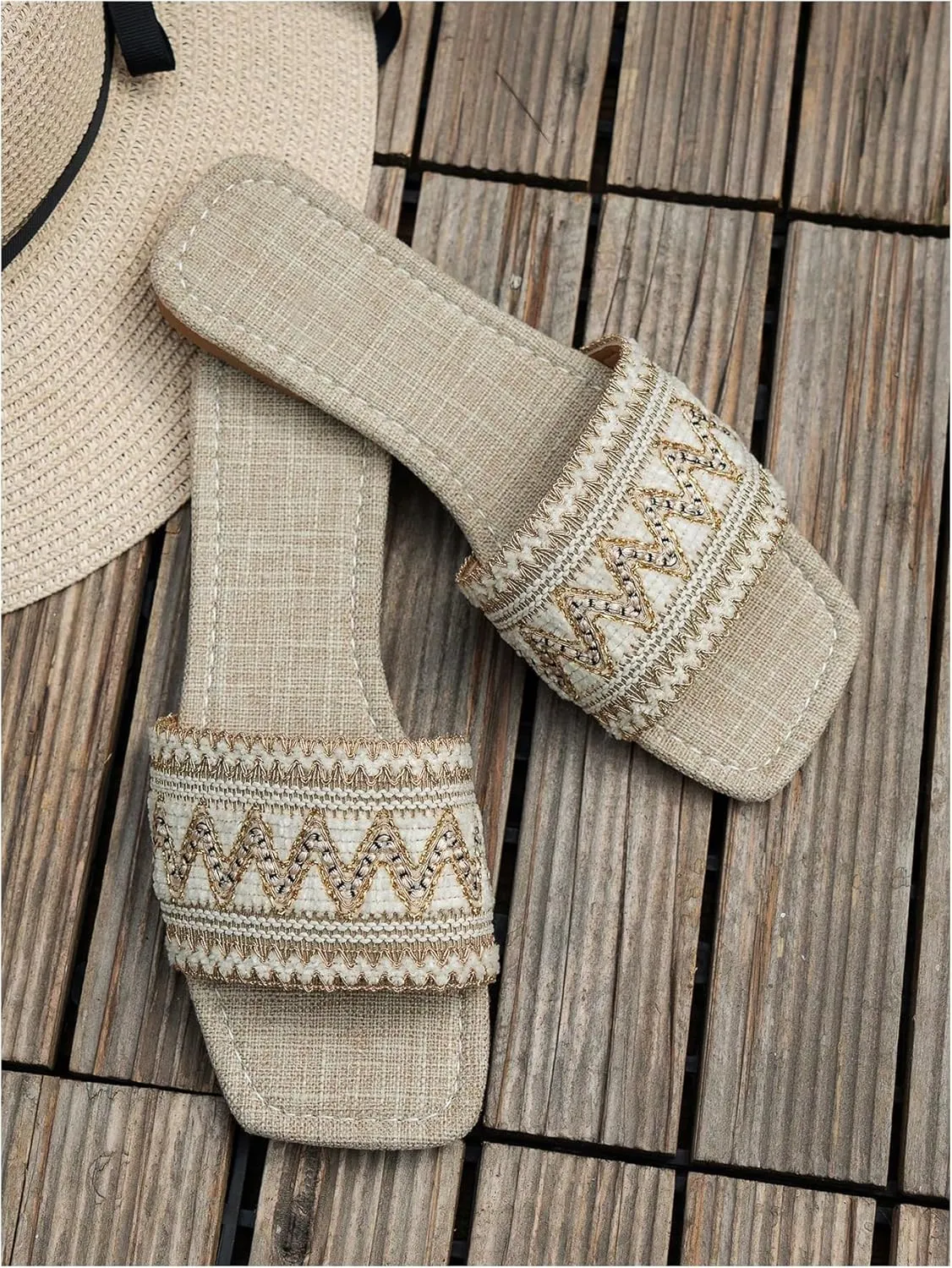 GORGLITTER Women's Summer Boho Sandals Embroidered Flats Dress Open Toe Summer Slide Shoes