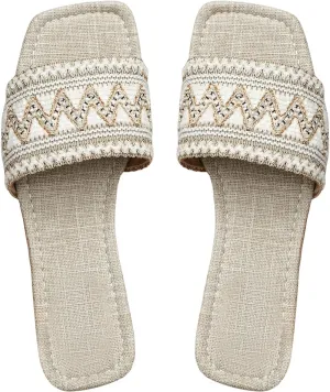 GORGLITTER Women's Summer Boho Sandals Embroidered Flats Dress Open Toe Summer Slide Shoes