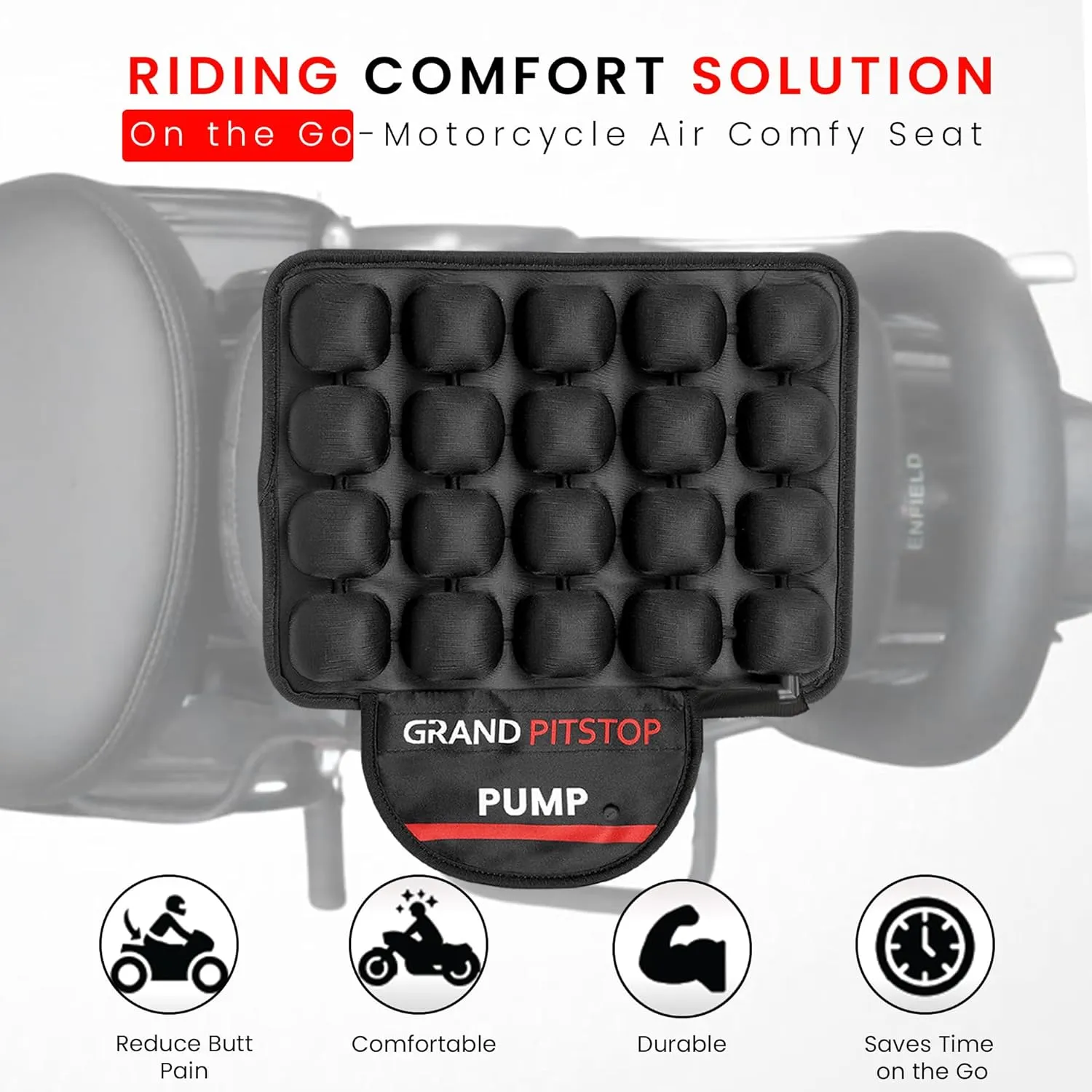 GRAND PITSTOP Motorcycle Air Seat Cushion with Air Filling Pump, Inflatable Bubble Air Pads with Breathable Mesh Cover & Non-Skid Bottom Compatible for Pillion seat of Motorcycle