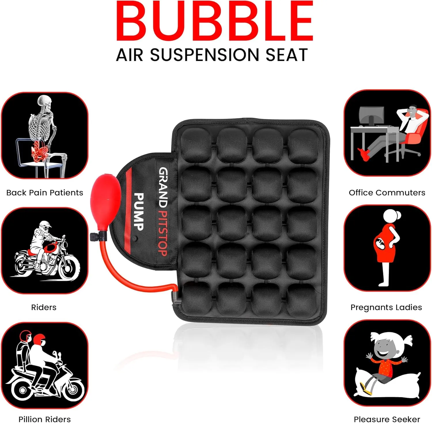 GRAND PITSTOP Motorcycle Air Seat Cushion with Air Filling Pump, Inflatable Bubble Air Pads with Breathable Mesh Cover & Non-Skid Bottom Compatible for Pillion seat of Motorcycle