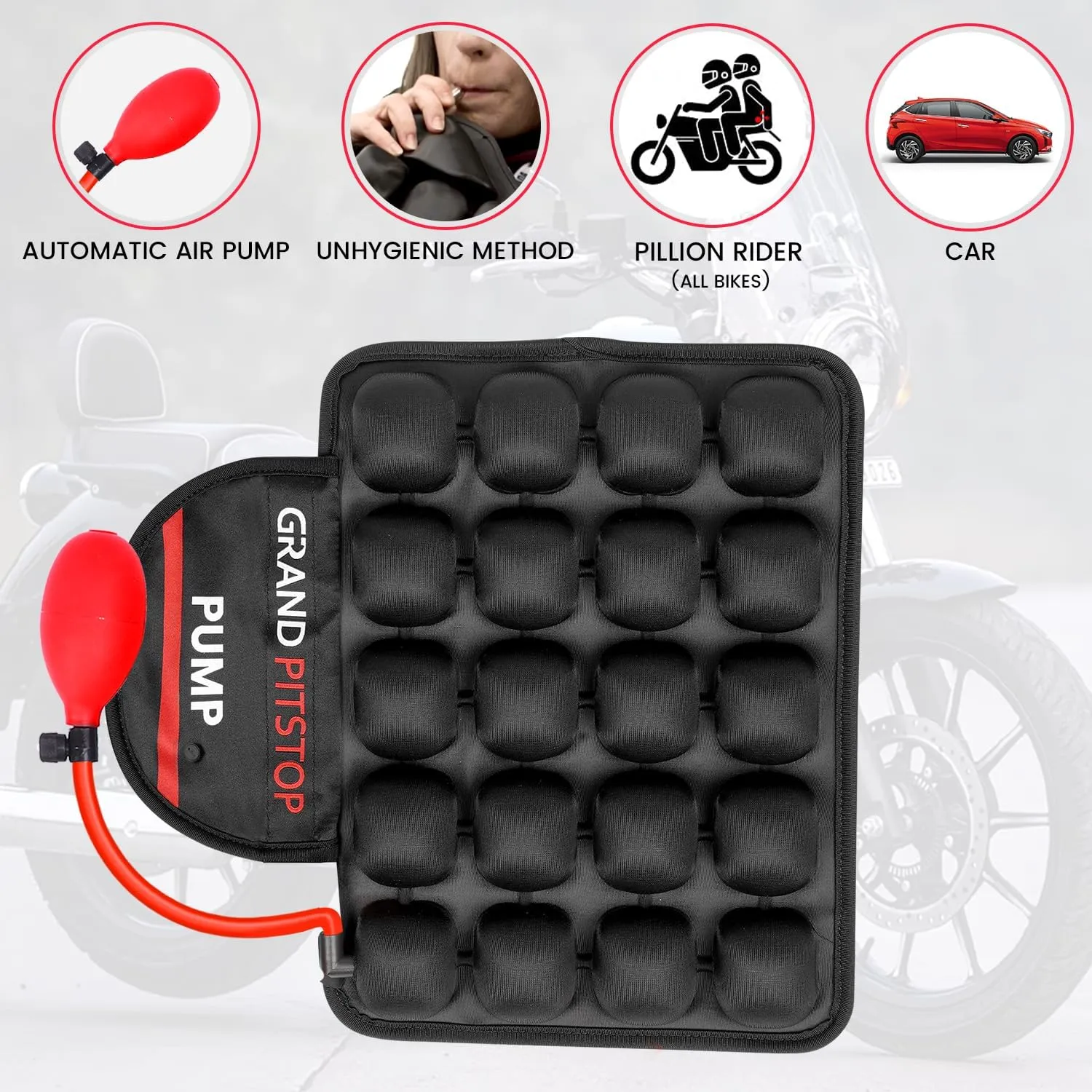 GRAND PITSTOP Motorcycle Air Seat Cushion with Air Filling Pump, Inflatable Bubble Air Pads with Breathable Mesh Cover & Non-Skid Bottom Compatible for Pillion seat of Motorcycle