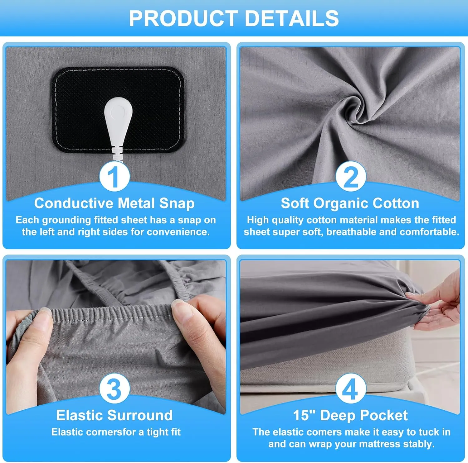 Grounding Sheets for Earthing Full Size, Fitted Earthing Sheets Grounding Fitted Sheet for Improving Sleep, Better Working and Help with Anxiety, Organic Cotton & Silver Fiber, Grey