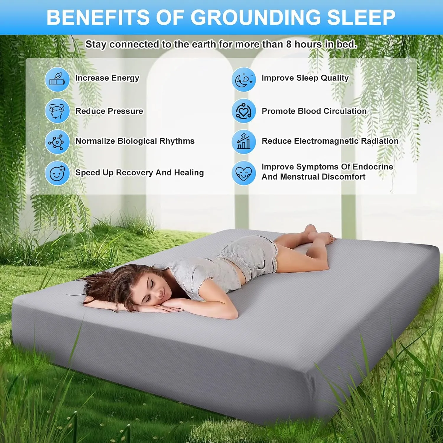 Grounding Sheets for Earthing Full Size, Fitted Earthing Sheets Grounding Fitted Sheet for Improving Sleep, Better Working and Help with Anxiety, Organic Cotton & Silver Fiber, Grey