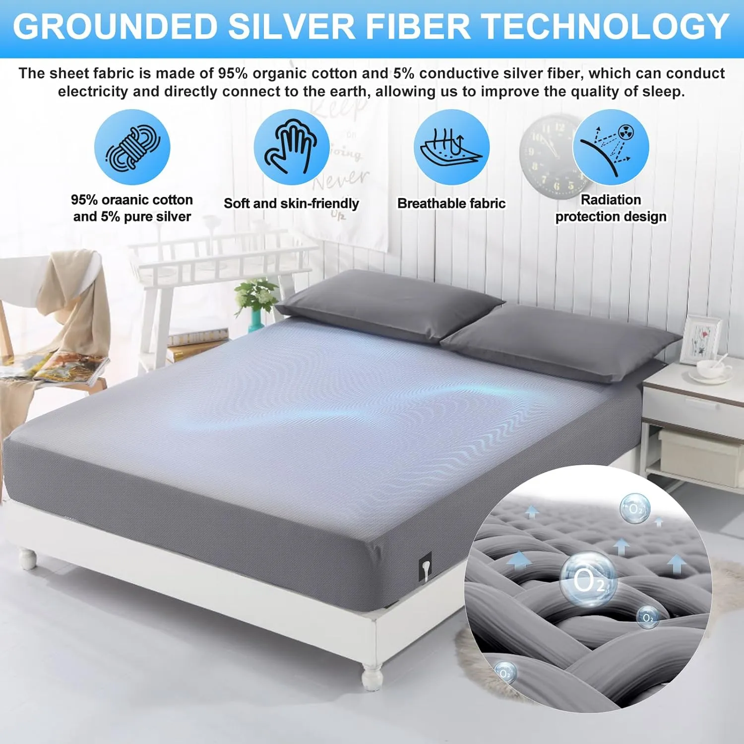 Grounding Sheets for Earthing Twin XL Size, Fitted Earthing Sheets Grounding Fitted Sheet for Improving Sleep, Better Working and Help with Anxiety, Organic Cotton & Silver Fiber, Grey