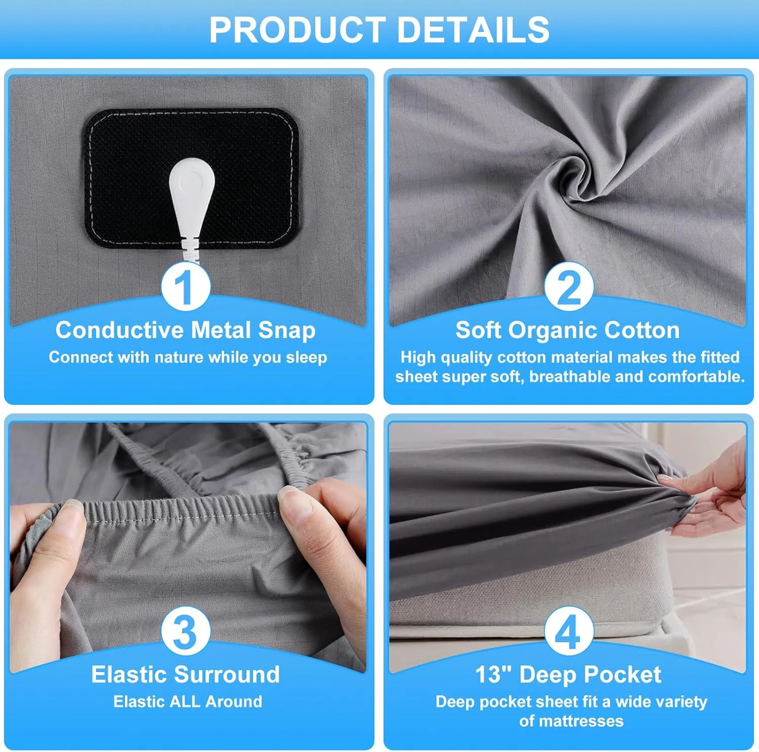 Grounding Sheets for Earthing Twin XL Size, Fitted Earthing Sheets Grounding Fitted Sheet for Improving Sleep, Better Working and Help with Anxiety, Organic Cotton & Silver Fiber, Grey