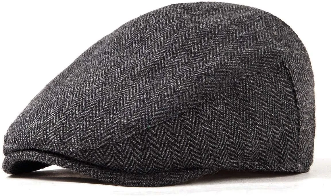Herringbone Flat Ivy Newsboy Cap for Men Classic Wool Blend Tweed Cabbie Hat