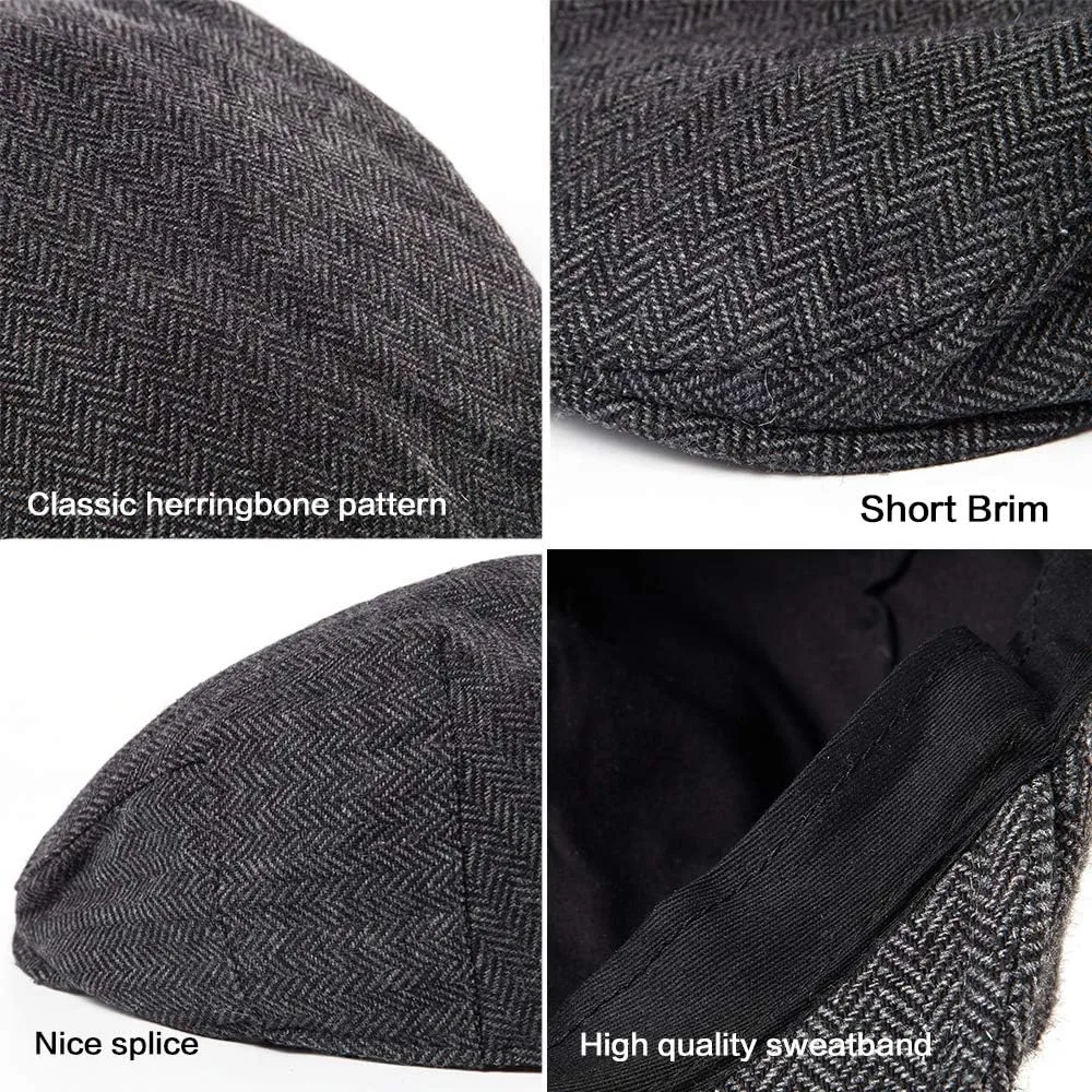 Herringbone Flat Ivy Newsboy Cap for Men Classic Wool Blend Tweed Cabbie Hat