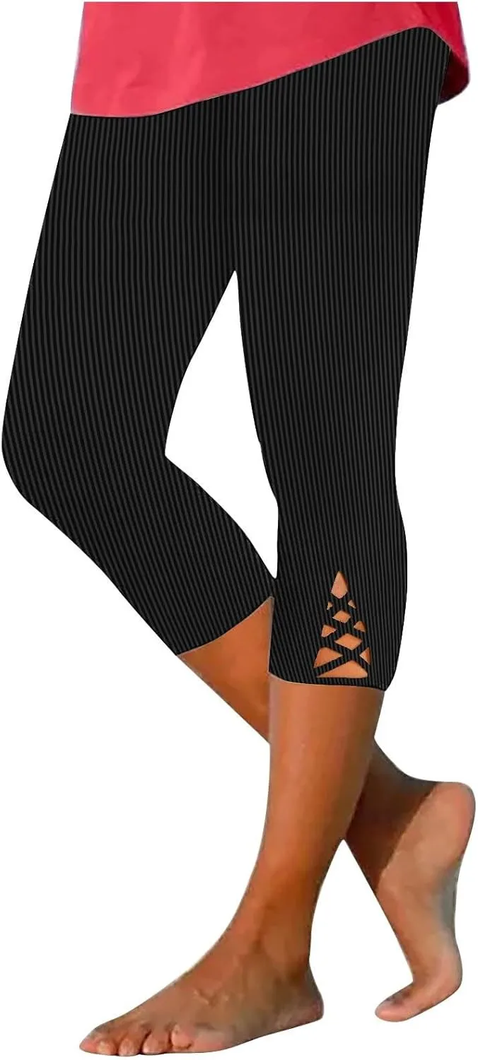 HGps8w Capri Leggings for Women Crossover Cutout Hem Knee Length Yoga Pants Casual Comfy Cropped Lounge Pants Pack of 2