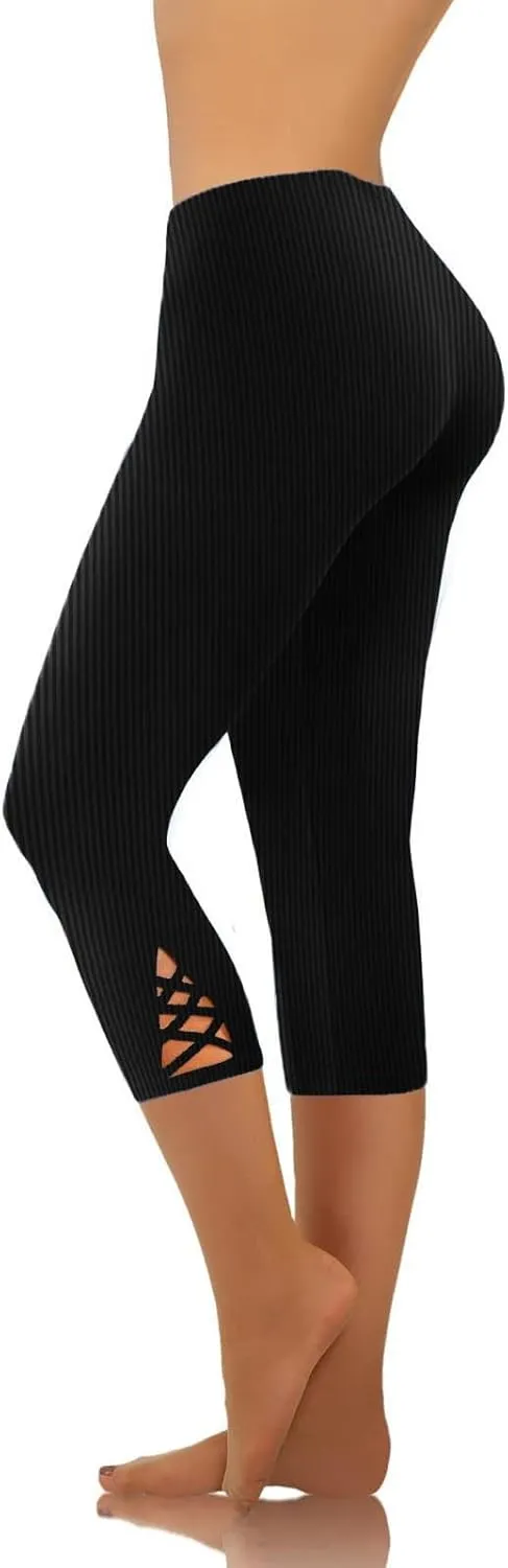 HGps8w Capri Leggings for Women Crossover Cutout Hem Knee Length Yoga Pants Casual Comfy Cropped Lounge Pants Pack of 2