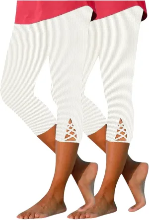 HGps8w Capri Leggings for Women Crossover Cutout Hem Knee Length Yoga Pants Casual Comfy Cropped Lounge Pants Pack of 2