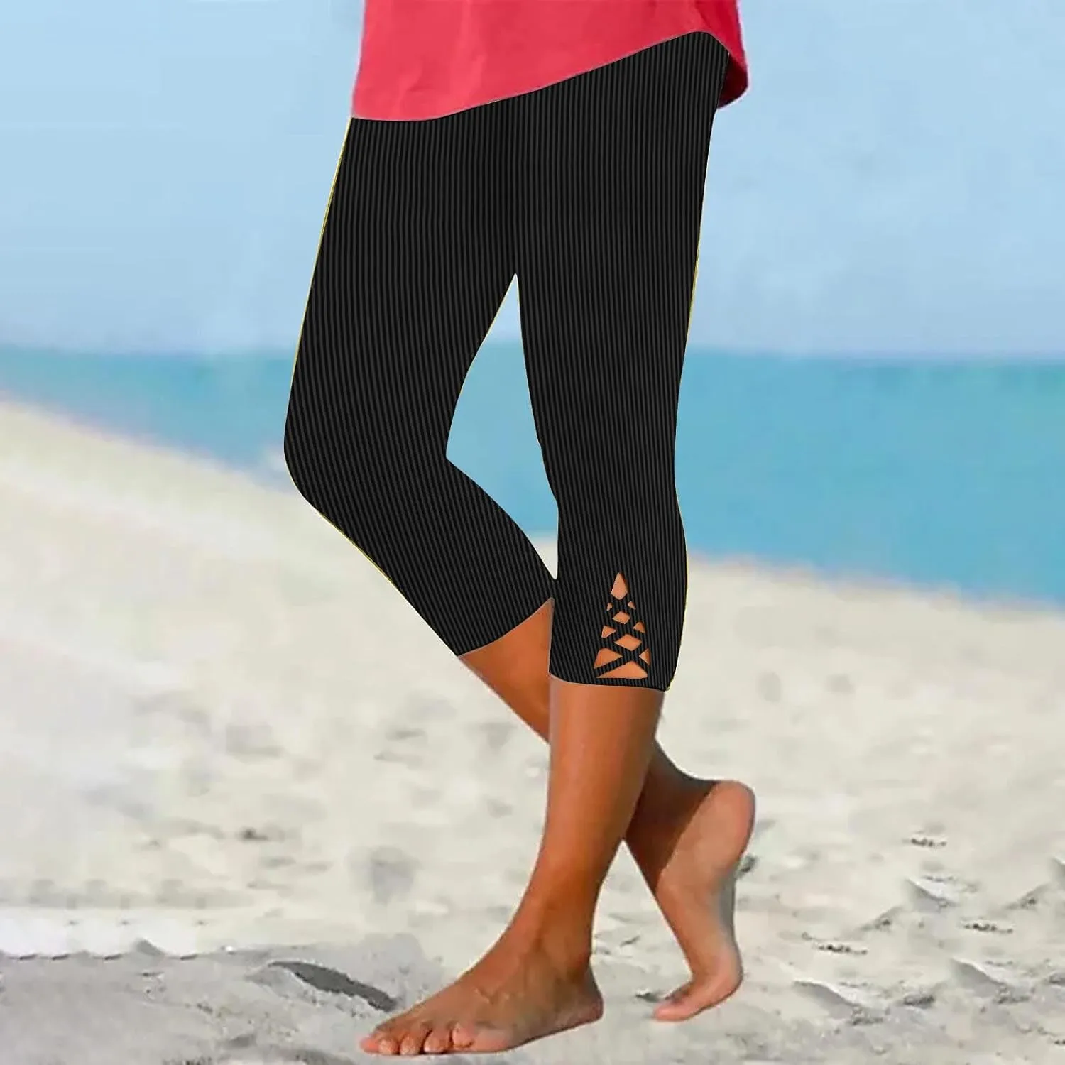HGps8w Capri Leggings for Women Crossover Cutout Hem Knee Length Yoga Pants Casual Comfy Cropped Lounge Pants Pack of 2