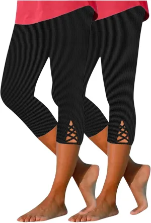 HGps8w Capri Leggings for Women Crossover Cutout Hem Knee Length Yoga Pants Casual Comfy Cropped Lounge Pants Pack of 2