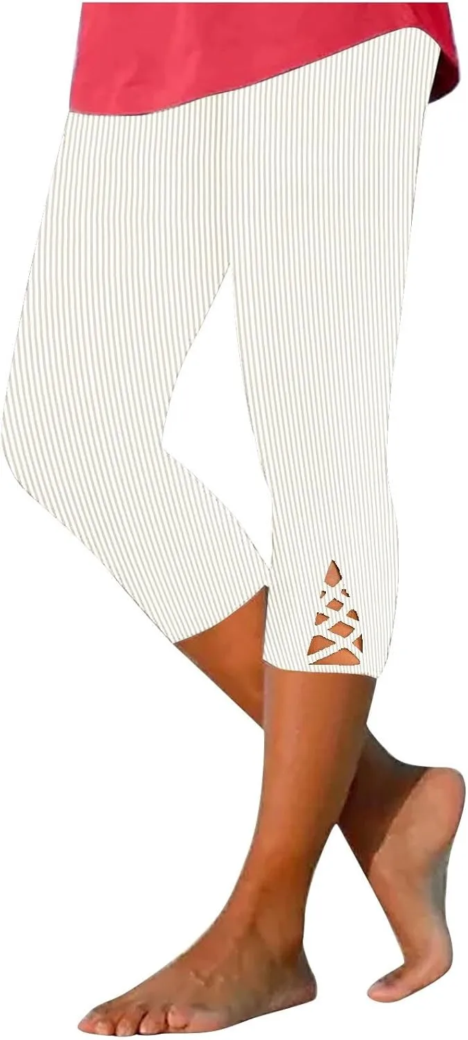 HGps8w Capri Leggings for Women Crossover Cutout Hem Knee Length Yoga Pants Casual Comfy Cropped Lounge Pants Pack of 2