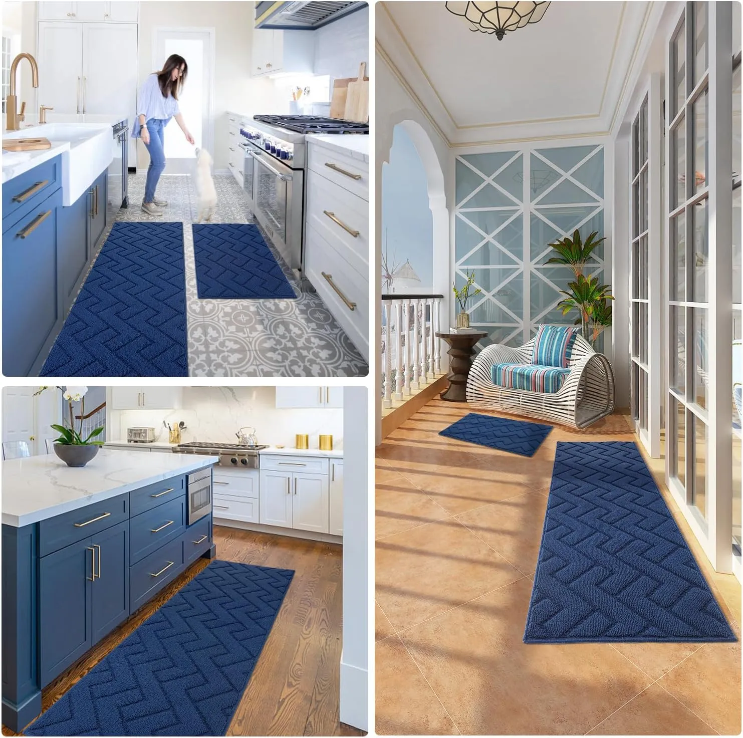 hicorfe Kitchen Rugs and Mats Sets,2 Pieces Super Absorbent Polypropylene Non-Slip Rug,Soft Comfort Floor Mat,Washable for Kitchen,Hallway,Office,Sink,Laundry(24" x 35" 24" x 71",Navy Blue)