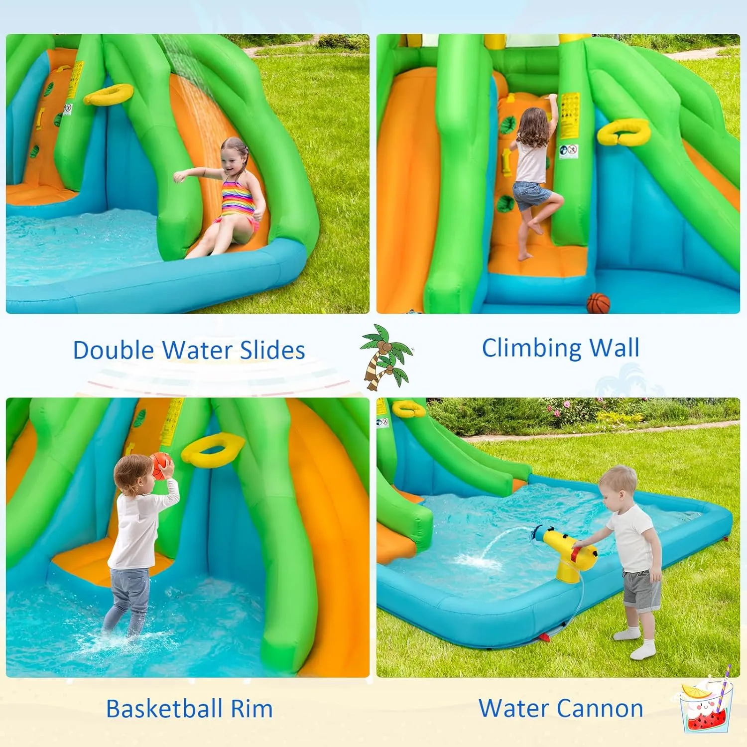 HONEY JOY Inflatable Water Slide, 6 in 1 Kids Bouncer Water Park w/Climbing Wall & 2 Long Slides, Splash Pool, Water Cannons, Indoor Outdoor Blow Up Water Slides for Backyard (with 550w Blower)