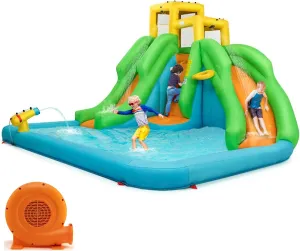 HONEY JOY Inflatable Water Slide, 6 in 1 Kids Bouncer Water Park w/Climbing Wall & 2 Long Slides, Splash Pool, Water Cannons, Indoor Outdoor Blow Up Water Slides for Backyard (with 550w Blower)