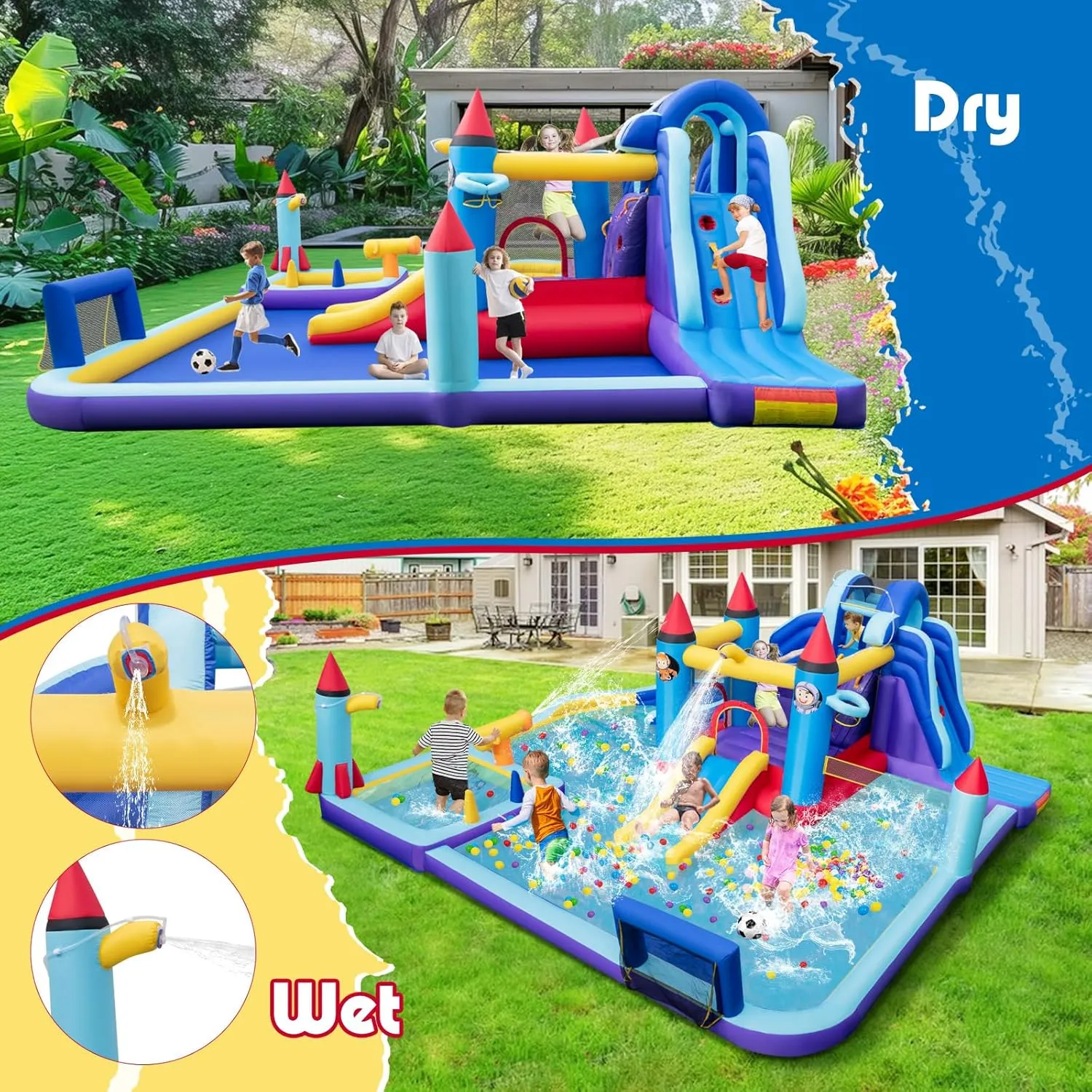 HONEY JOY Inflatable Water Slide, Giant Waterslide Park Bounce House w/Dual Slides, Splash Pool, Volleyball & Football Goal, Blow Up Water Slides Inflatables for Big Kids and Adults Backyard