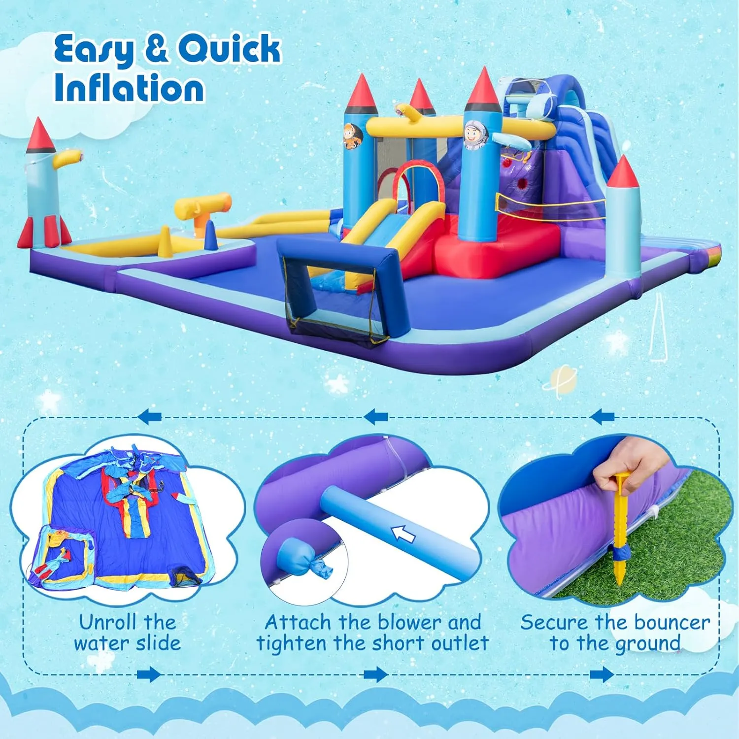 HONEY JOY Inflatable Water Slide, Giant Waterslide Park Bounce House w/Dual Slides, Splash Pool, Volleyball & Football Goal, Blow Up Water Slides Inflatables for Big Kids and Adults Backyard