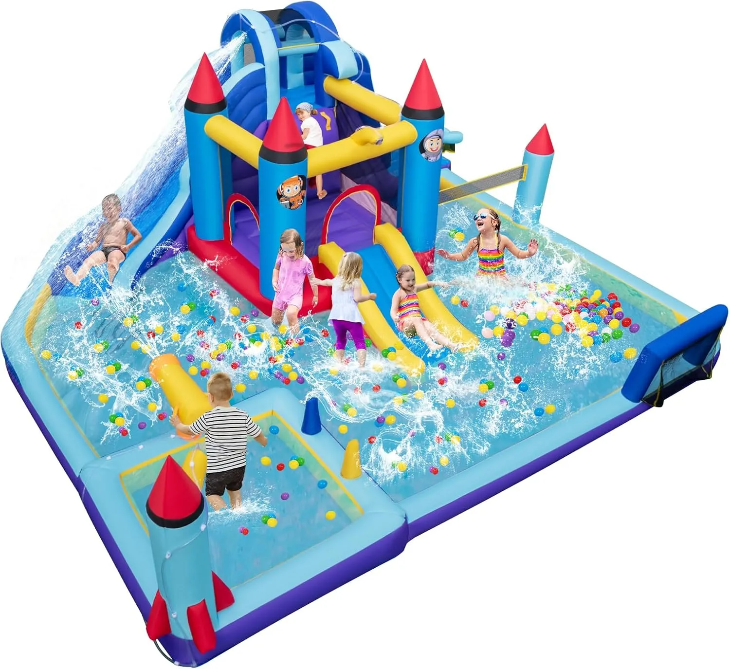 HONEY JOY Inflatable Water Slide, Giant Waterslide Park Bounce House w/Dual Slides, Splash Pool, Volleyball & Football Goal, Blow Up Water Slides Inflatables for Big Kids and Adults Backyard