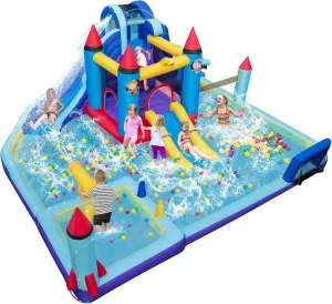 HONEY JOY Inflatable Water Slide, Giant Waterslide Park Bounce House w/Dual Slides, Splash Pool, Volleyball & Football Goal, Blow Up Water Slides Inflatables for Big Kids and Adults Backyard
