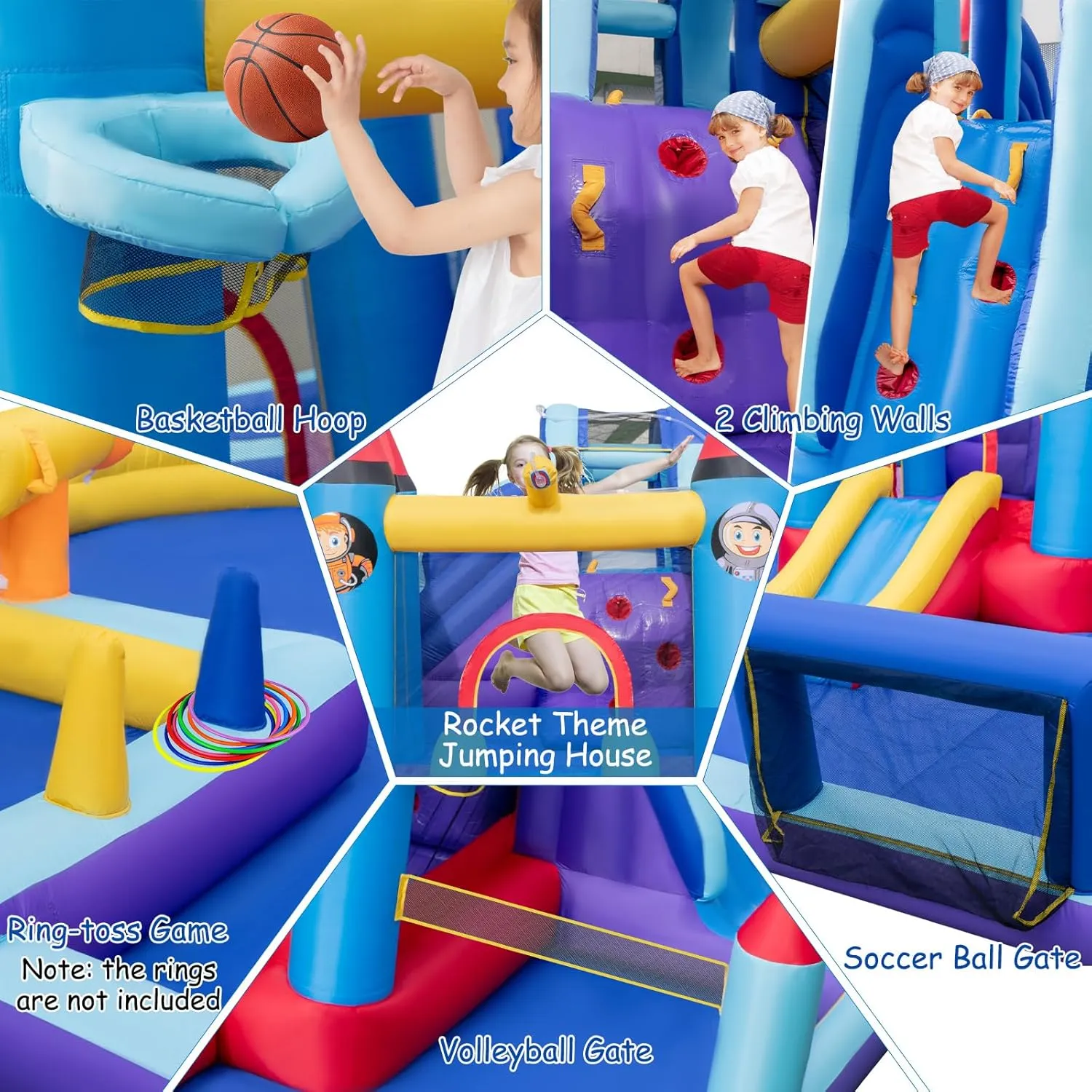 HONEY JOY Inflatable Water Slide, Giant Waterslide Park Bounce House w/Dual Slides, Splash Pool, Volleyball & Football Goal, Blow Up Water Slides Inflatables for Big Kids and Adults Backyard