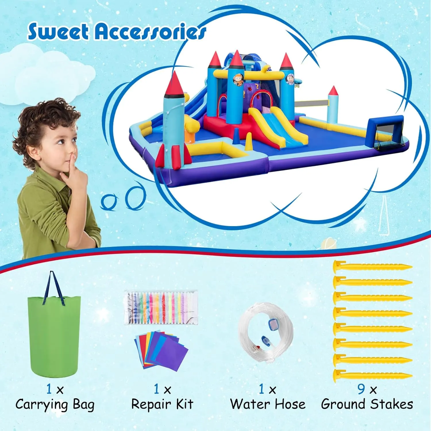 HONEY JOY Inflatable Water Slide, Giant Waterslide Park Bounce House w/Dual Slides, Splash Pool, Volleyball & Football Goal, Blow Up Water Slides Inflatables for Big Kids and Adults Backyard