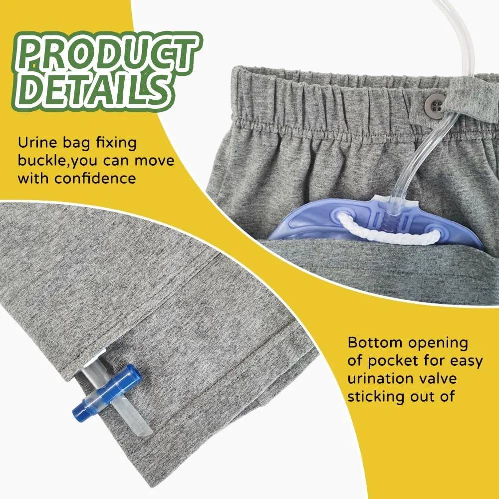 Incontinence Care Trousers 2 Packs, Catheter Leg Bag Shorts, Catheter Supplies Compatible with Foley, Nephrostomy, Biliary Gray