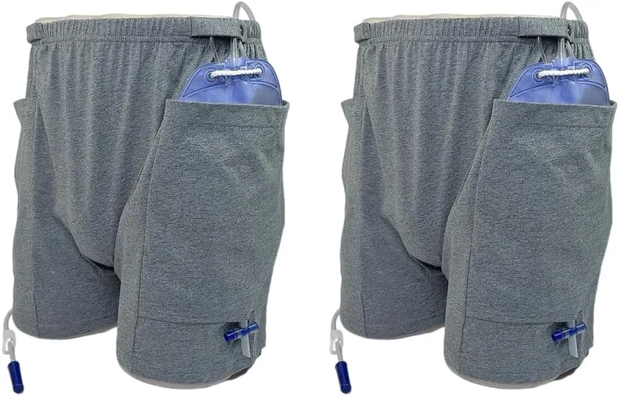 Incontinence Care Trousers 2 Packs, Catheter Leg Bag Shorts, Catheter Supplies Compatible with Foley, Nephrostomy, Biliary Gray