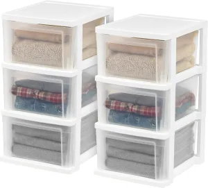 IRIS USA Plastic Drawer Storage Organizer, 3-Drawers, 2-Pack, for Classroom Art Craft Supplies, Dresser Closet, Bathroom Bedroom, Laundry Room, White/Clear